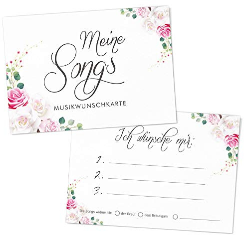 DeinWeddingshop 50 Musikwunschkarten A6 Musikwunsch, DJ-Karten für Hochzeit - Hochzeitsfeier, Gäste-Wünsche, Hochzeitsspiel, Premium-Papier - 10,5 x 14,8cm (Wild Rose)