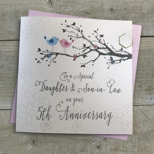 White Cotton Cards PD193-5 - Tarjeta de aniversario de boda con quinta ramas de madera y pájaros de árbol