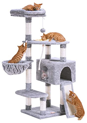 Heybly Cat Tree, Cat Tower for Indoor Cats with Scratching Board, Multi-Level Cat Furniture Condo with Feeding BowlLight Gray HCT010W