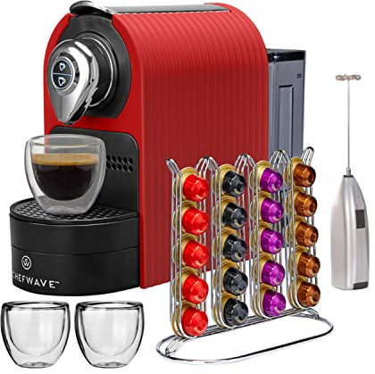 ChefWave Espresso Machine for Nespresso Compatible Capsules (Red) Bundle with Capsule Holder, 2 Glass Cups and Handheld Milk Frother (2 items)