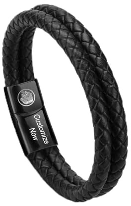 Casisto.J Lederarmband Herren Armband Herren Männer Leder Edelstahl Gravur Schwarz Geflochten mit Magnet Verschluss