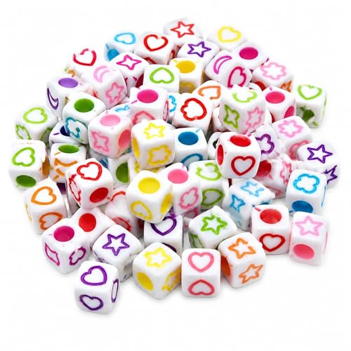 Lot de 400 perles acryliques cubiques blanches de 6 mm avec cœurs multicolores, fleurs, lune, étoiles, perles de bijoux à enfiler avec trou de 3 mm