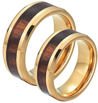 Beydodo Paar Ringe Wolframcarbid, Trauringe Partnerringe für 2,Gold Ring 8MM mit Holz Damen Gr.54 (17.2) + Herren Gr.62 (19.7)