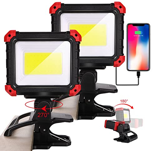 Easymaxx LED Rechargeable Work Light with Clamp, 2Pack 2100LM COB Magnetic Clip on Worklight 270° Rotating with Mobile Charger, Portable Clamp Work Light for Boats, Car Repairing, Job Site Lighting