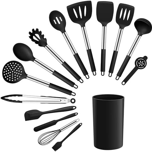 Joyfair Kitchen Utensils Set, 15 Pcs Silicone Cooking Utensils Set, Non Stick Spatula Turner Spoon Tongs Cookware Ideal for Cooking Baking Mixing Serving, Heat Resistant & Dishwasher Safe, Black