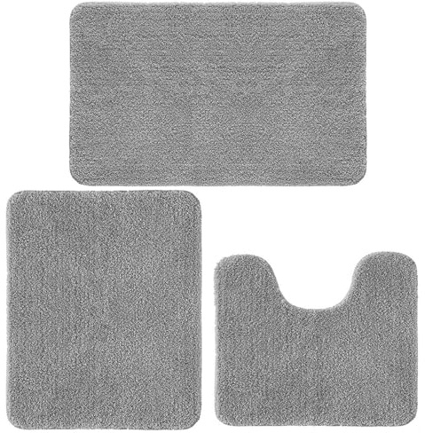 Achiiso Thick Plush Bathroom Mat Set 3 Piece Grey U40x50cm+50x60cm+50x80cm | 2.5cm Thickness Microfiber Fabric, Machine Washable, Non Slip, Super Absorbent, Bath Mat Sets