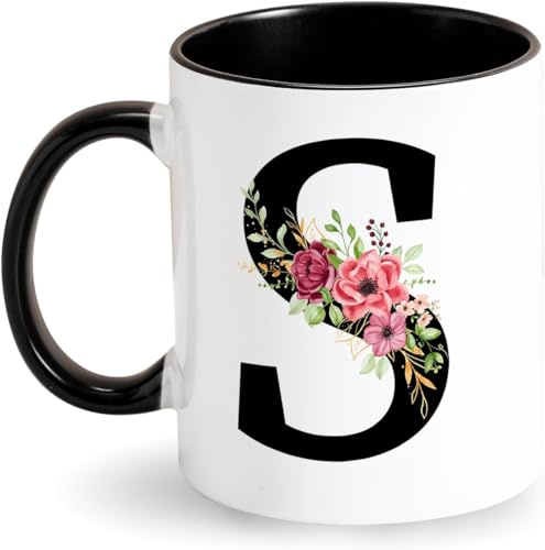 Personalisierte Tasse Buchstabe Kaffeetasse - Alphabet Keramiktasse - Schwarz Anfangsbuchstaben Tasse Geschenke für Lieblingsmensch Verliebte Freund Kollegin Frauen Geburtstag Muttertagsgeschenk(S)