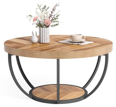 LITTLE TREE Runder Couchtisch, 81,3 cm, runder Couchtisch für Wohnzimmer, 2-stöckiger Holzakzent-Mitteltisch mit offenem Stauraum, Industrie-Design, Wohnmöbel (Holzmaserung und Schwarz)