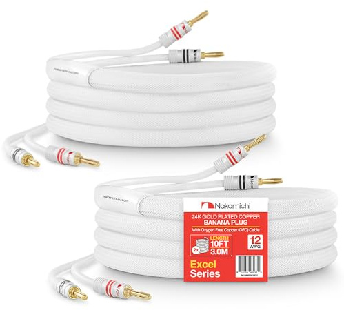 Nakamichi 24K vergoldeter Bananenstecker mit Lautsprecherkabel, 99,9% sauerstofffreies Kupfer (OFC), robustes geflochtenes Kabel, CL2-zertifiziert - Weiß (12AWG / 10 Fuß / 3,0 Meter) 2er-Pack | Verstärker aus sauerstofffreiem Kupfer, Excel-Serie, robust, geflochten, CL2-bewertet, weiß, 12 AWG, 3,0 m, 2 Stück