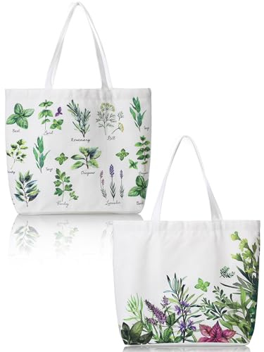 Bencailor 2 Pcs Spring Flower Canvas Tote Bags Reusable Wildflowers Herbs Plant Grocery Bags for Women Shopping Spring Gifts(Herbs)