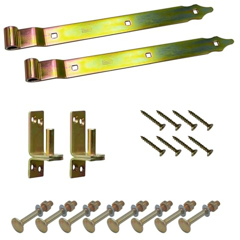 BRESKO Ladenband gekröpft mit Kloben und Schrauben Set 300-800 mm Torband Türband Scharnier Bandscharnier Tor Gartentor Beschlag (Gelb verzinkt, 300x35x4 mm)