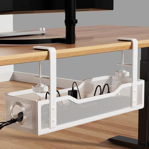 Under Desk Cable Management Tray, Cinati 16 Cable Management Under Desk with Clamp No Drill, Cable Organizer for Table Thickness up to 3, No Damage to Cable Management Box for Office, Home (White)