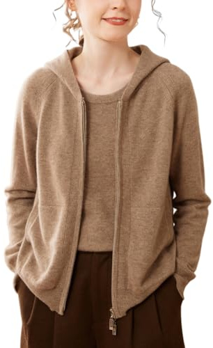 DISSA Cardigan Cachemire Femme Capuche Zippée,Marron,44