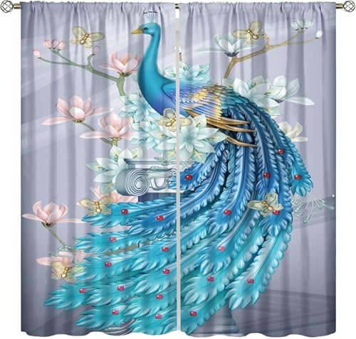 Kinder Verdunkelungsvorhänge Tier Pfau 3D Polyester Ösen Vorhang, Für Wohnzimmer Schlafzimmer Kinderzimmer Junge Mädchen Zimmer Blickdicht Schallschutzvorhänge 2Er Set 300 (B) X 280 (H) 9426352060232
