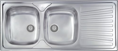 Lavello cucina Monica acciaio inox 116 x 50 cm 2 vasche stampate e gocciolatoio Made in Italy