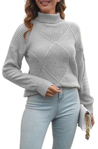 PNZLZIA Suéter de Angora para Mujer, suéter de Punto Acanalado, suéter Holgado de Cuello Alto de Mezcla de Cachemira, suéter de Cachemira (Large,Gray)