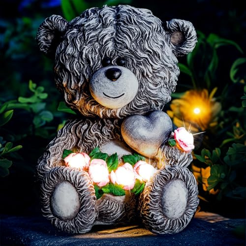 YDKOJGW Solar Garden Outdoor Statues Bear with Heart and Pink Flower and 5 LED Lights-Lawn Decor Bear Statue for Patio, Balcony, Yard Ornament-Unique Housewarming Gifts for Mom, Women