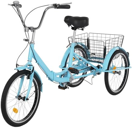 Queeucaer 20 Dreirad-Fahrrad Dreirad für Erwachsene 3-Rad-Fahrrad Anti-Rutsch-Reifen,für Erwachsene 1 Gang Lastenfahrrad Seniorenrad Mit Einkaufskorb,blau
