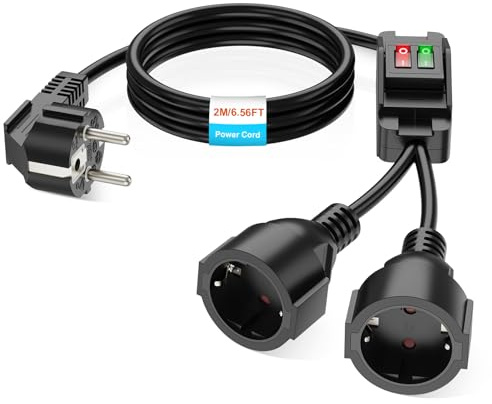 2M Verlängerungskabel Außen mit 2 Schuko-Steckdosen, Outdoor Verlängerungskabel mit Schalter, Doppel-Verlängerung für Den Außenbereich, Garten, Büro, 16A/250V, Schwarz