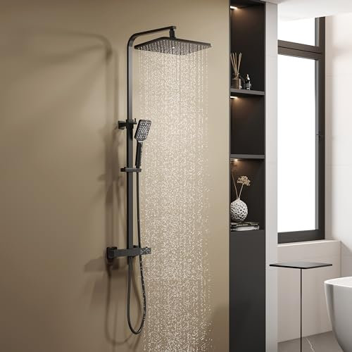 YOOZENA Duscharmatur Komplettset, Duschsystem mit Thermostat, Duscharmatur Schwarz,Kopfbrause, Duschkopf mit Schlauch und Halterung, Regendusche mit armatur Schwarz