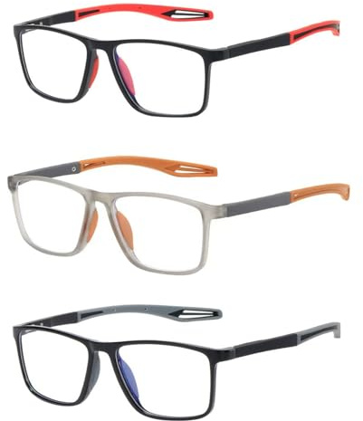 3 Pack Reading Glasses for Men, TR90 Sports Blue Light Blocking Computer Readers Anti UV Eyestrain Glare 1.5 Reading Glasses Women Square, Lightweight Flexible (Red,orange,gray, 1.5, Dioptres)
