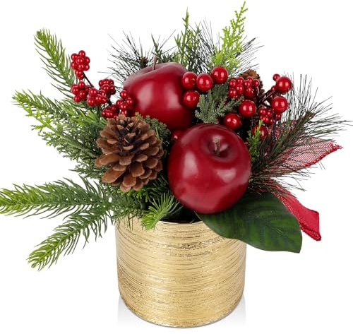 Mini Tabletop Weihnachtsbaum Kunstpflanze im topf Weihnachtsdeko mit Apfel und Schleifenband,Tannenzapfen für Weihnachtsdekoration Wohnkultur Küche Esstisch, Dekopflanze Zimmerpflanze Tischdeko