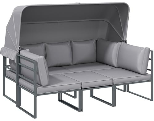 Outsunny Gartenmöbel Set wetterfest Sitzgruppe für 5 Personen Gartenlounge mit 3er Sofa 2 Sessel Sonnendach Kissen Beistelltisch Outdoor Balkonmöbel-Set Terrassenmöbel für Garten Balkon Grau