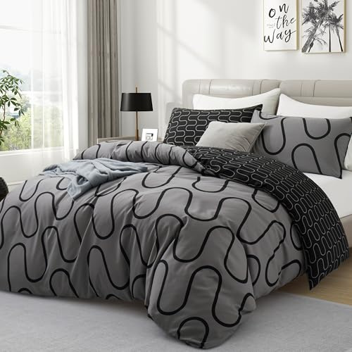 Hafaa King Size Duvet Cover Sets Soft Printed Bedding Set Brushed Microfiber Duvet Covers with Pillowcases (Black and Grey Wave 230x220 CM)
