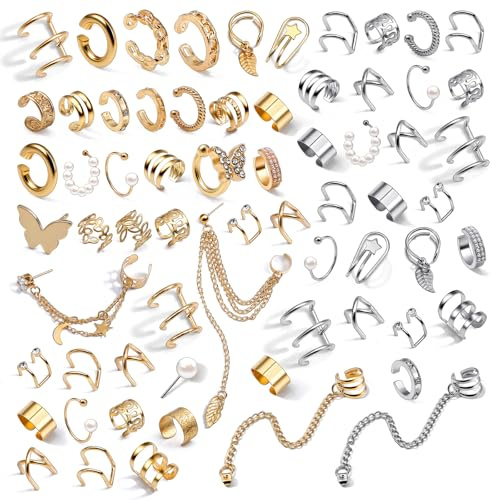 Nogeqi 66 Stück Gold Ear Cuff Set Für Damen, Silber Helix Earcuffs Gold Fake Fake Piercings Ohrringe Ohne Ohrloch Earcuff Verstellbare Ohrklemme Knorpel Manschetten Ohrschmuck Für Party Alltag