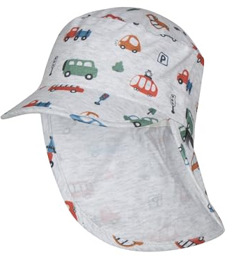 Sterntaler Schirmmütze Nackenschutz Fahrzeuge – Leichte Jersey-Kindermütze aus Bio-Baumwolle mit Fahrzeug-Print, Gummizug und UV-Schutz 50+
