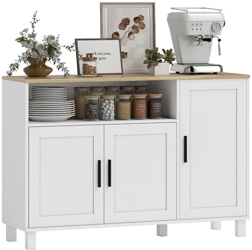 HOMCOM Buffet, Meuble de Rangement avec 3 Portes à Fermeture amortie, Compartiment Ouvert et étagères réglables, Style Moderne, Buffet Salle à Manger, Cuisine et Salon, 110 x 33 x 75 cm, Blanc