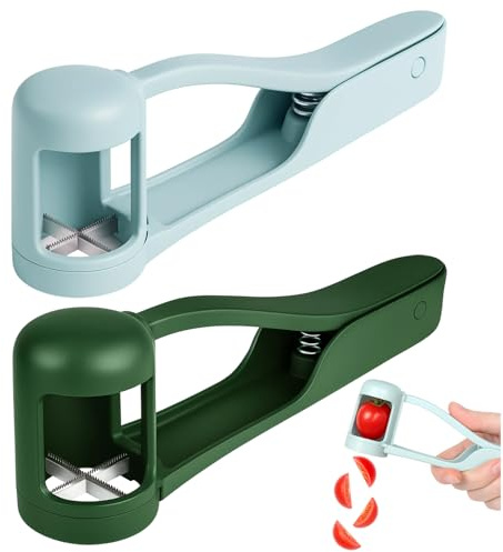 2 Pack Grape Cutter Tool, Grape Slicer Tool for Toddlers, Stainless Steel Quarter Grapes Slicer, Easy to Use Grapes Chopper, Slicers Kitchen Gadget (Blue, Green)