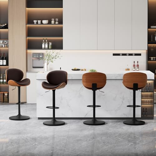 Ckaff Tabouret de Bar Lot de 4, Tabouret de Cuisine Pivotants 360° en Similicuir & Bois, Chaise de Bar Réglable en Hauteur avec Repose-Pieds et Dossier pour Cuisine, Salle à Manger, Bar, Brun