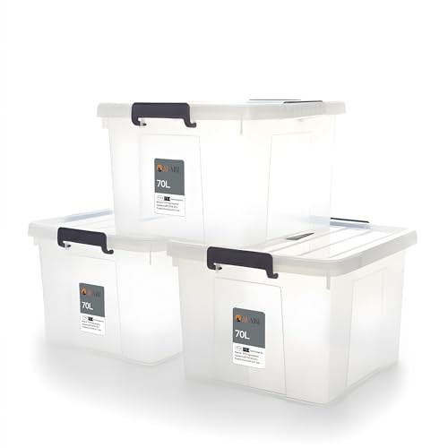AL AJAL 3 x 70 Litre Underbed Storage Boxes with Lids Set of 3, Clear Multipurpose Nestable Stackable Plastic Storage Box With Lid 70L Clear Containers For Home, Kitchen, Garage, Office, Accessories