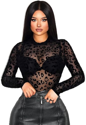 MLPKOI Women's Mesh Top, Sexy Long Sleeve Top Lace Trim See Through Fitted Tops Sexy Basic Casual Pullover Tunic Tops Black See Through Blouse for Party Clubwear M