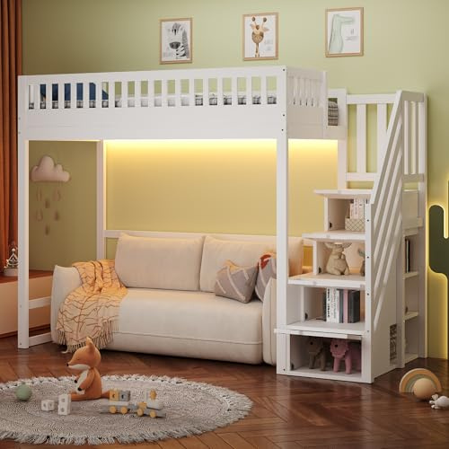 Merax Hochbett 90x200 cm, Kinderbett mit wendbare Leiter, Schutzgeländer, Stauraumtreppe, LED-Beleuchtung, Massivholzrahmen, multifunktionales Jugendbett, weiß (ohne Matratze)