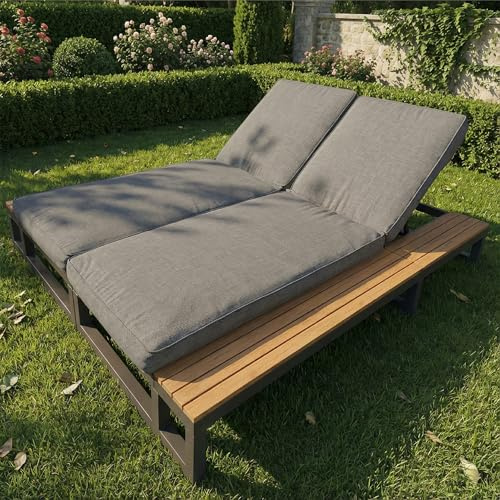 Merax Sonnenliegen 2 Personen, Outdoor Doppelliege mit Verstellbare Rückenlehne, Gartenliege mit Integriertes Regal, Multifunktionales Liegestuhl, Sun Lounger für Schwimmbad Terrasse und Garten, Grau