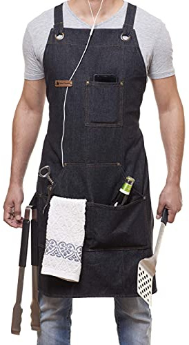 ARAWAK BRAVE Denim-schürze für Chef-küche BBQ Grill schwarz Handtuch Schleife + Quick Release Buckle + werkzeugtaschen verstellbare m bis XXL