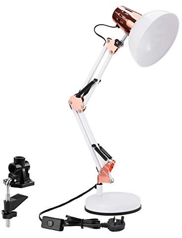 powerking Lampada da scrivania, Lampada da lavoro per architetto orientabile con braccio flessibile con morsetto ， Lampada da scrivania classica per lettura da ufficio (bianco)