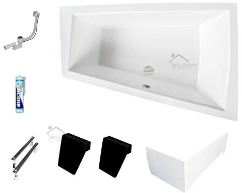 ECOLAM® Badewanne Intima Duo Eckwanne für Zwei 170x125 cm RECHTS + Schürze aus Acryl + 2x Kopfstütze Ab- und Überlauf Automatik Füße Silikon Komplett-Set - PERFEKT FÜR ZWEI PERSONEN
