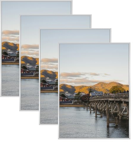 Frametory, 18x24 Aluminum Picture Frame, Real Glass Front, Display 18 x 24 Photo for Wall, 18 by 24 Poster Frame, Hook for Horizontal/Vertical Mount (Silver 4 Pack)
