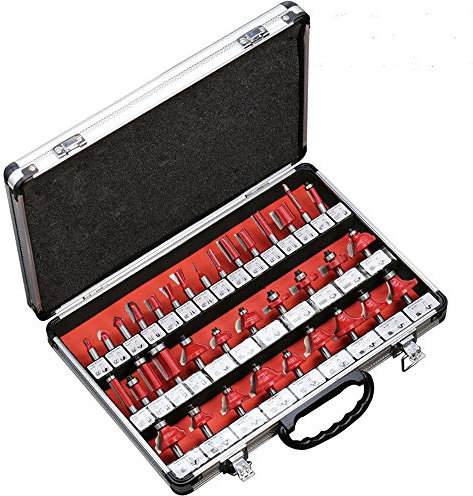 Fräser-Set 35tlg.Oberfräsersatz 1/4 1/2 8mm Fräsen Werkzeug Set mit Aluminiumgehäuse für Holz Zubehör Blau/Gelb/Rot