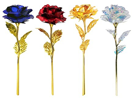 Ashleyya Lot de 4 roses artificielles plaquées or 24 carats faites à la main - Rose artificielle préservée - Décoration de pétales de rose (or/bleu/rouge/multicolore)