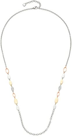 Leonardo Anita Halskette aus Edelstahl 1 Stück, Lange Tricolor Glieder-Halskette mit ovalen Edelstahlplättchen und Zirkonia, Damenschmuck, 021547