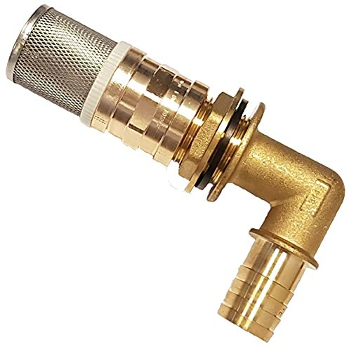 MegaHaustechnik Regentonnendurchführung 90° mit Schlauchtülle und Vorsatzfilter | ∅ Loch Regentonne 34mm | Tülle 1 ∅ ca. 25mm | Messing | Gold | Rund | Wassertank