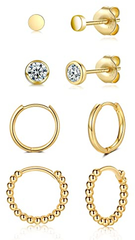 WOVEE Ohrringe Set Silber/Gold/Rosegold/Schwarz Rund Ohrstecker Zirkonia & Creolen 925 Vergoldet Damen Herren Mädchen 3mm 4mm 10mm 12mm