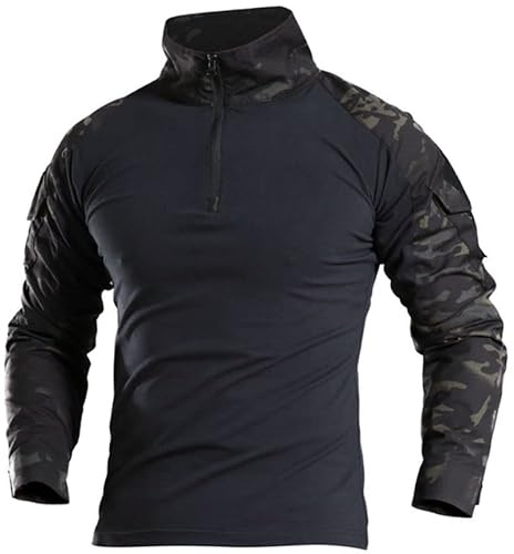 Czen Camisas tácticas militares para hombres, camisa de combate Airsoft de camuflaje, camiseta de manga larga con cremallera 1/4 para Paintball, ciclismo, caza, NegroCp, M