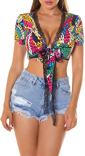 Koucla Fantasy Printed Crop Top à manches courtes avec dentelle à nouer, Marine, Small-Medium