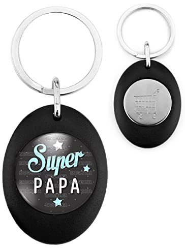 Badgmania Porte Clés Ovale Noir Jeton de Caddie Super Papa - Fond Gris Foncé Etoiles - Idée Cadeau Fêtes des Peres Anniversaire