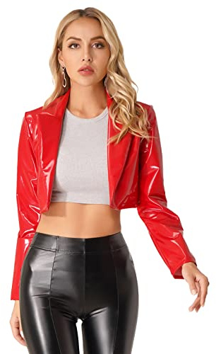 dPois Damen Jacke Lederoptik Kurz Motorradfahrer Mantel Cropped Jacke Bolero Lack Leder Bikerjacke Offen mit Reverskragen Gothic Punk Clubwear Rot M